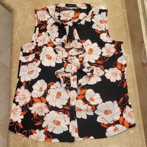 Karl Lagerfeld Black and Orange Floral Sleeveless Blouse w/ Front Ruffle, M